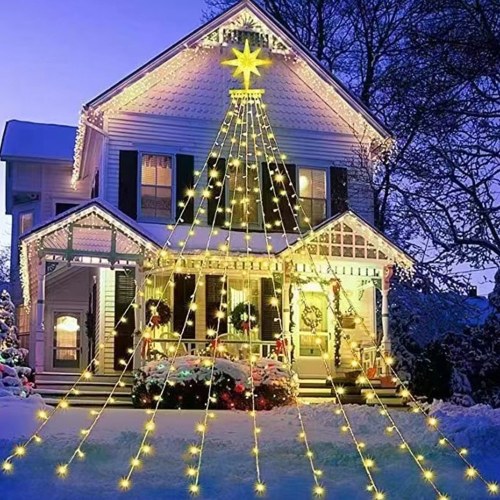 317LEDs Waterfall Lights 8 Modes Tree Light Pentagram Christmas Tree Decorative Waterfall Lights Waterproof Fairy String Lights for Outdoor Wedding Party Yard Garden Patio 