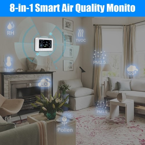 2.4GHz WiFi Air Quality Monitor 8-in-1 CO2/CO/PM2.5/PM1.0/TVOC/Pollen/Temperature and Humidity Meter with Alarm Smart Tuya APP NDIR Sensor Portable RS485 Data Logger Indoor Air Quality Detector 