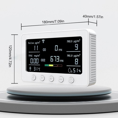 2.4GHz WiFi Air Quality Monitor 8-in-1 CO2/CO/PM2.5/PM1.0/TVOC/Pollen/Temperature and Humidity Meter with Alarm Smart Tuya APP NDIR Sensor Portable RS485 Data Logger Indoor Air Quality Detector 