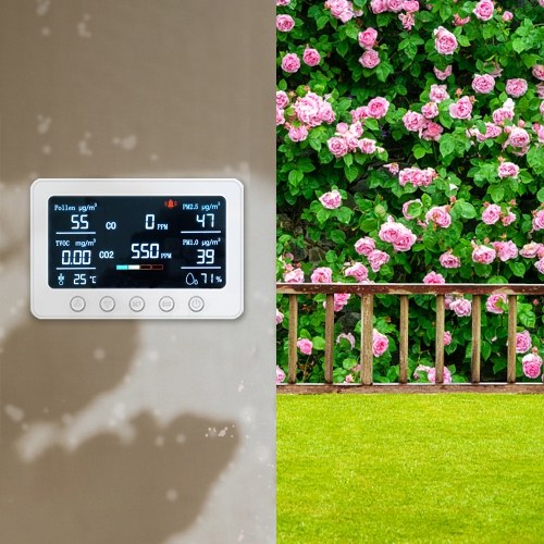 2.4GHz WiFi Air Quality Monitor 8-in-1 CO2/CO/PM2.5/PM1.0/TVOC/Pollen/Temperature and Humidity Meter with Alarm Smart Tuya APP NDIR Sensor Portable RS485 Data Logger Indoor Air Quality Detector 