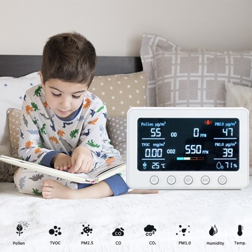 2.4GHz WiFi Air Quality Monitor 8-in-1 CO2/CO/PM2.5/PM1.0/TVOC/Pollen/Temperature and Humidity Meter with Alarm Smart Tuya APP NDIR Sensor Portable RS485 Data Logger Indoor Air Quality Detector 