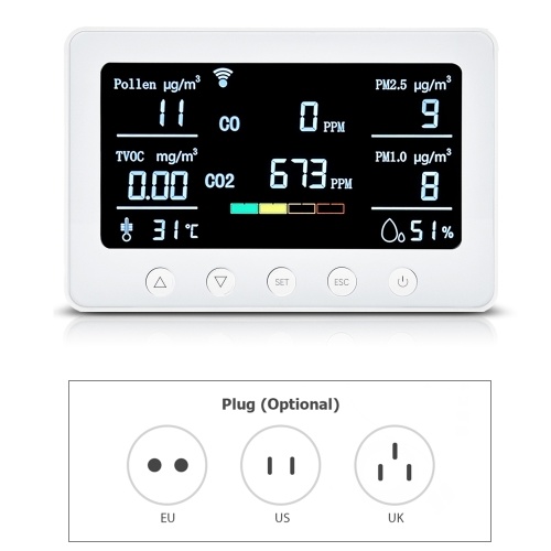 2.4GHz WiFi Air Quality Monitor 8-in-1 CO2/CO/PM2.5/PM1.0/TVOC/Pollen/Temperature and Humidity Meter with Alarm Smart Tuya APP NDIR Sensor Portable RS485 Data Logger Indoor Air Quality Detector 