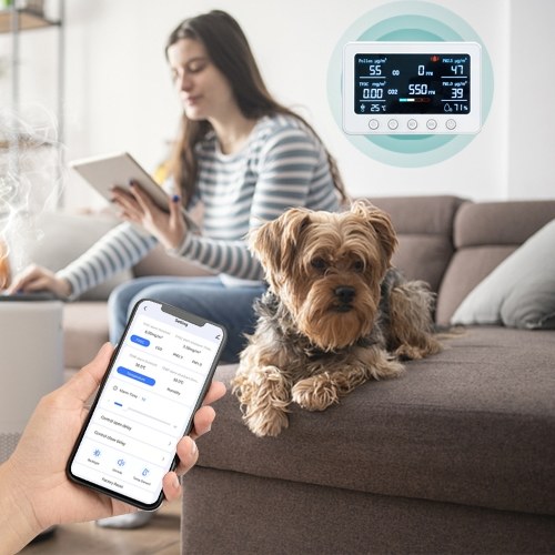 2.4GHz WiFi Air Quality Monitor 8-in-1 CO2/CO/PM2.5/PM1.0/TVOC/Pollen/Temperature and Humidity Meter with Alarm Smart Tuya APP NDIR Sensor Portable RS485 Data Logger Indoor Air Quality Detector 