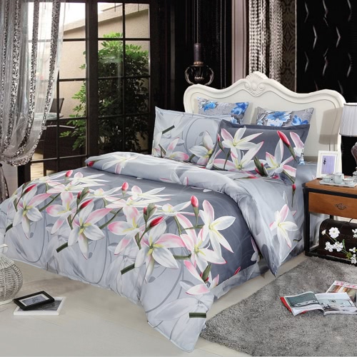 4pcs 3D Printed Bedding Set Bedclothes White Lily on Light Black Background Queen Size Duvet Cover+Bed Sheet+2 Pillowcases