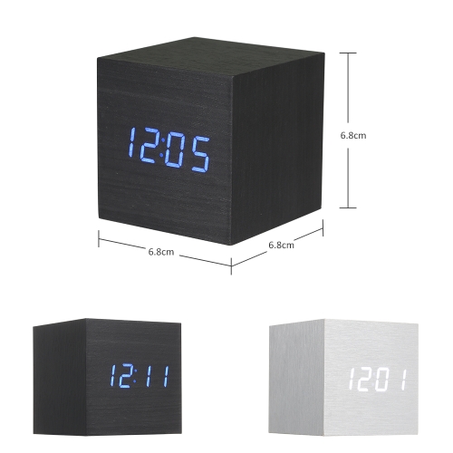 

Wooden Sounds Acoustic Control Digital LED Alarm Clock Vintage Electronic Display Temperature Calendar Blue