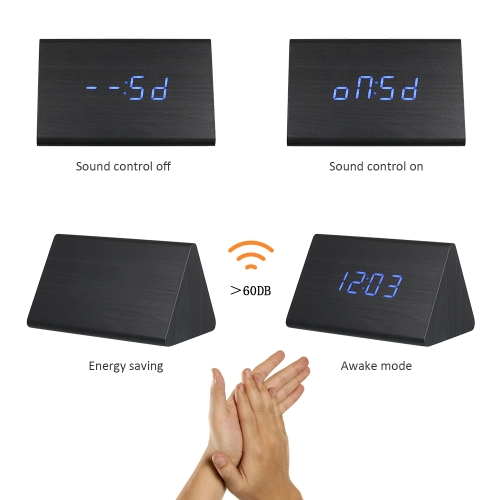 

Wooden Triangle Electronic Clock Digital Alarm Time LED Display Sounds Control Temperature Blue