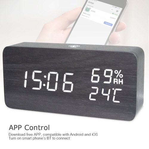 

LED Digital Wooden Alarm Clock APP Control Time/ Temperature/ Humidity/ Date Display Electronic Desktop Clock 4 Levels Brightness Sound Control USB Charge or Battery Supply