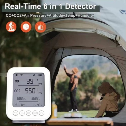 6 in 1 Air Quality Monitor 5-inch LCD Display BT Tuya APP Control CO2 Detector with 128MB Secure Digital Memory Card 