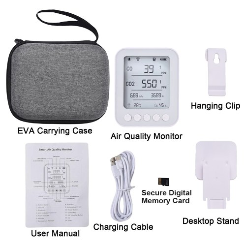 6 in 1 Air Quality Monitor 5-inch LCD Display BT Tuya APP Control CO2 Detector with 128MB Secure Digital Memory Card 