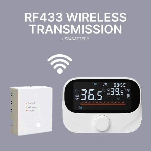 Smart Thermostat for House Boiler Heating RF433 WiFi AC Thermostat 980ft Wireless Distance APP and Voice Control LED Digital Touch Screen Programmable Thermostat with Weather Report Adjustable Knob