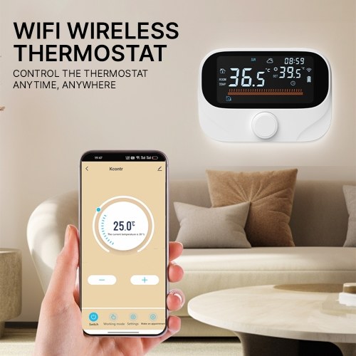 Smart Thermostat for House Boiler Heating RF433 WiFi AC Thermostat 980ft Wireless Distance APP and Voice Control LED Digital Touch Screen Programmable Thermostat with Weather Report Adjustable Knob