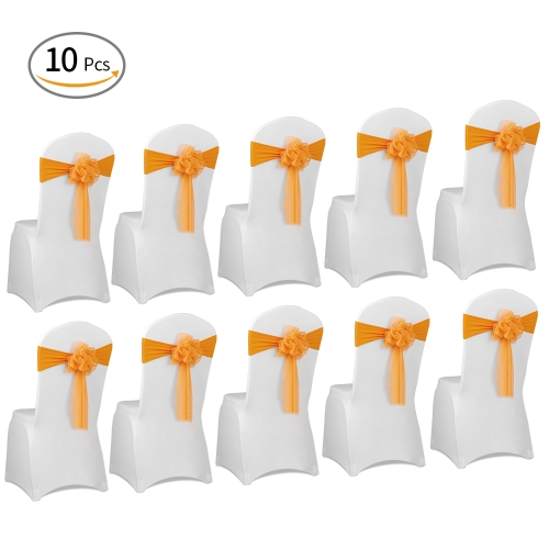 

10pcs Wedding Flower Chair Sashes Elastic Spandex Organza Chair Sash Covers Wedding Banquet Supplies Decorations--White