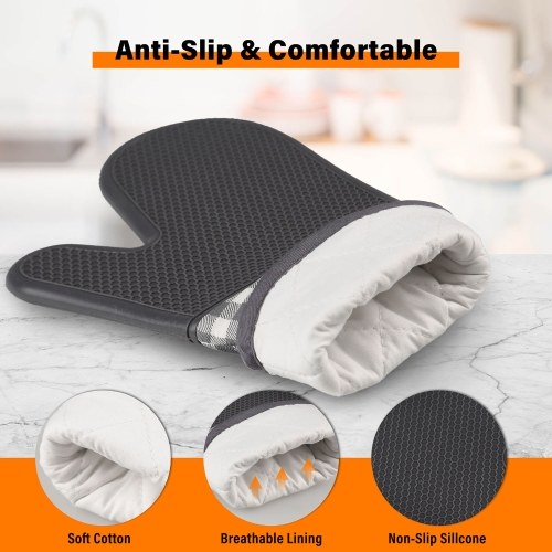 

Heat Resistant Silicone Oven Gloves Non-Slip Oven Mitts + 2 Cotton Pot Holders for Kitchen Cooking Baking Grilling Barbecue--Grey Plaid