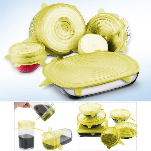 

6pcs Stretch Силиконовые крышки Clear Airtight Хранение продуктов Обложки Многоразовая крышка чаши для горшков для удержания пищи Свежая посудомоечная машина и морозильник 6 Упаковка различных размеров (прозрачная)