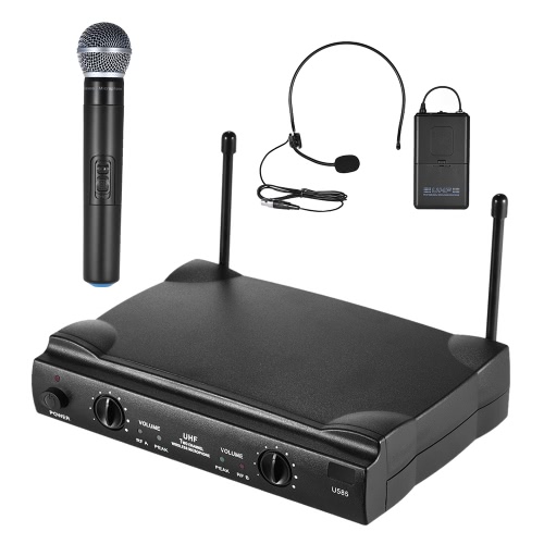 UHF dupla Canais Microfone sem fio Mic sistema com 1 Transmissor Portátil 1 Headset e 1 Handheld Microfones Receiver 6,35 milímetros cabo de áudio