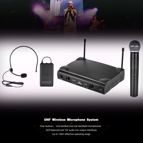 

UHF Dual Channels Wireless Microphone Mic System with 1 Bodypack Transmitter 1 Headset and 1 Handheld Microphones Receiver 6.35mm Audio Cable