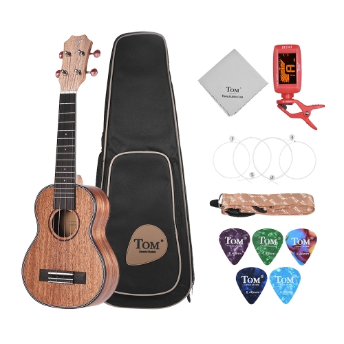 

TOM TUS-200 21" Professional Acoustic Soprano Ukulele Ukelele Uke Kit Mahogany Wood with Carrying Bag Strap Strings Clip-on Tuner Cleaning Cloth Celluloid Picks