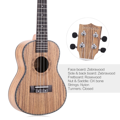 

ammoon 24" Ukulele 4 Strings Zebrawood Board Rosewood Fretboard OX Bone Saddle Musical Instrument Gift Present