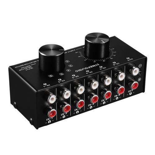 LYNEPAUAIO 6-In-1-Out Audio Switcher Audio Signal Selector Box Splitter Distributor with Volume Control RCA Jacks 