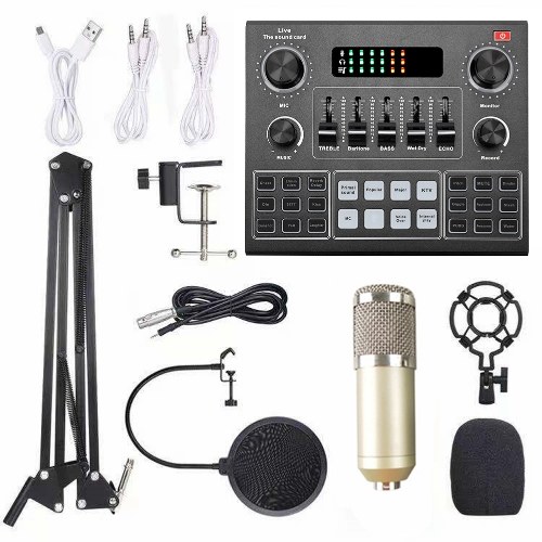Multifunctional Live V9 Sound Card and BM800 Suspension Microphone Kit Broadcasting Recording Condenser Microphone Set Intelligent Webcast Live Sound Card for Computers and Mobilephone