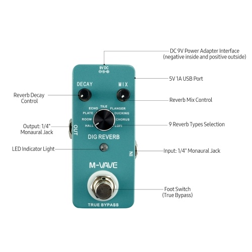 M-VAVE DIG REVERB Digital Reverb Guitar Effect Pedal 9 Reverb Types Decay & Mix Control True Bypass Full Metal Shell 