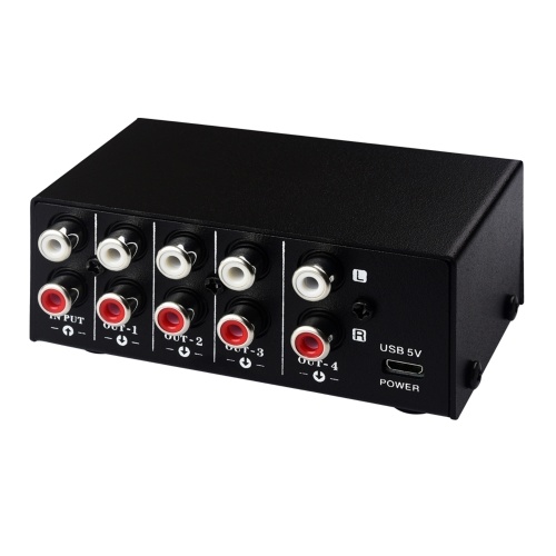 LYNEPAUAIO B063 1 in 4 out Audio Signal Distributor Stereo Signal Source Audio Splitter Lossless Output USB 5V Powered RCA Interface