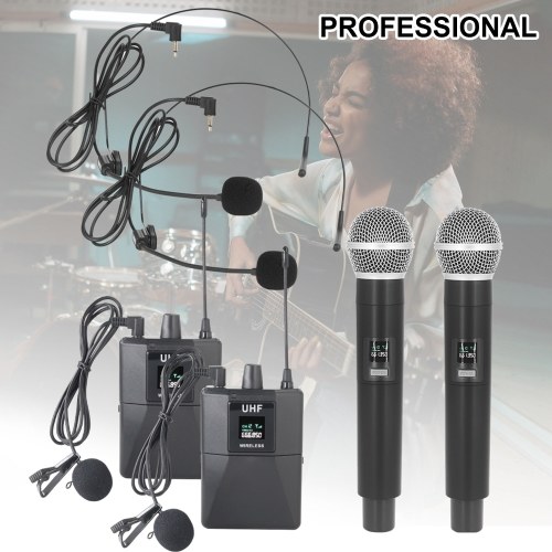 Wireless Microphone Professional UHF Wireless Mic System Handheld Dual Microphone with Receiver Wearable Transmitter Headworn and Lavalier Microphones 