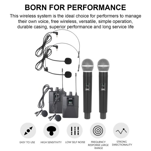 Wireless Microphone Professional UHF Wireless Mic System Handheld Dual Microphone with Receiver Wearable Transmitter Headworn and Lavalier Microphones 