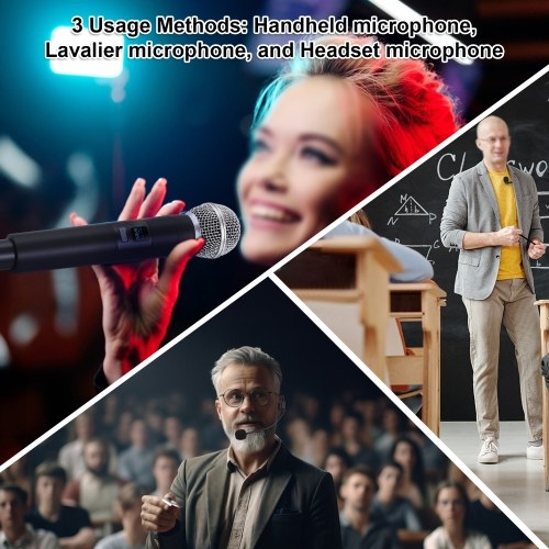 Wireless Microphone Professional UHF Wireless Mic System Handheld Dual Microphone with Receiver Wearable Transmitter Headworn and Lavalier Microphones 