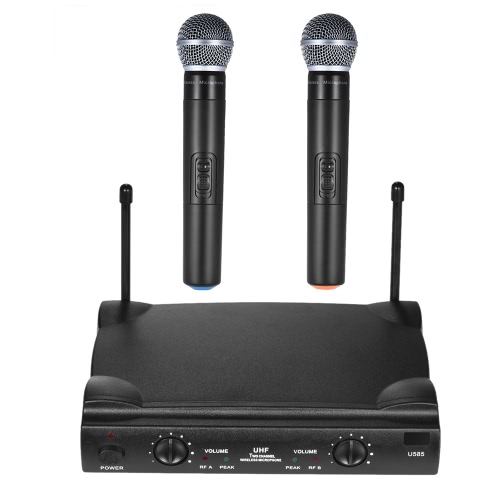 UHF Dual Channels Wireless Microphone Mic System with 1 Receiver 2 Handheld Microphones 6.35mm Audio Cable Power Adapter for Karaoke Meeting Party