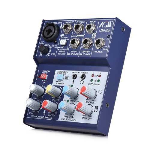 

ICM UM-35 Compact Size 4-Channel Sound Card Mixing Console Digital Audio Mixer Supports 5V Power Bank USB Power Supply 2-band EQ Built-in 48V Phantom Power for Recording DJ Network Live Broadcast Karaoke