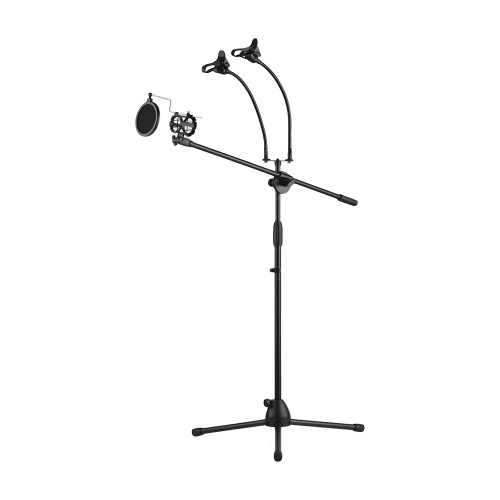 Metal Microphone Floor Stand Tripod Adjustable Height with Boom Arm 3 Mic Holders & 2 Smartphone Holder