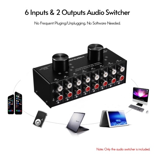LYNEPAUAIO 6-In-2-Out Audio Switcher Two-Way Audio Signal Selector Box Splitter Distributor with RCA Inputs & Outputs 