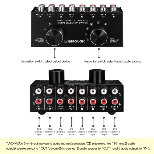 LYNEPAUAIO 6-In-2-Out Audio Switcher Two-Way Audio Signal Selector Box Splitter Distributor with RCA Inputs & Outputs 