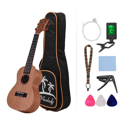 Muslady 23 Inch Concert Ukulele Ukelele Mahogany Plywood with Carry Bag Uke Strap Strings Clip-on Tuner Cleaning Cloth Capo 3pcs Celluloid Picks