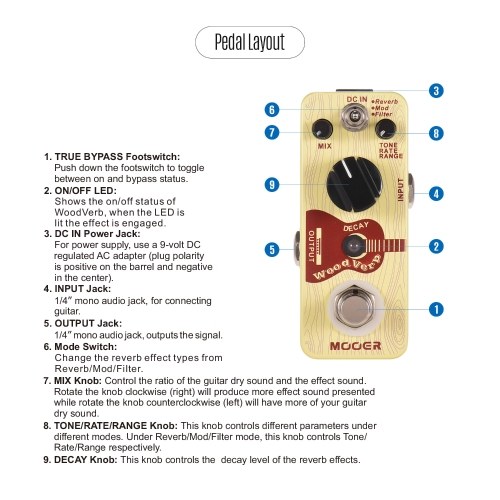 Mooer WoodVerb Acoustic Guitar Reverb Pedal Digital Reverb Pedal Reverb/Mod/Filter Modes True Bypass Micro Series Compact Pedal 