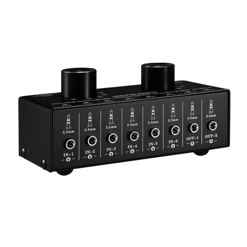 LYNEPAUAIO 6-In-2-Out Audio Switcher Two-Way Audio Signal Selector Box Splitter Distributor with 3.5mm Audio Input & Output Jacks 