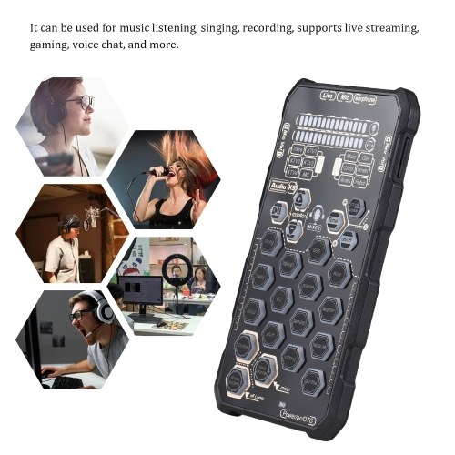 Live Sound Card Handheld Outdoor Portable DSP Sound Card Effect Device Audio Mixer Voice Changer Audio Card Sound Changer for Mobile Phone and Computer Singing Live-streaming 