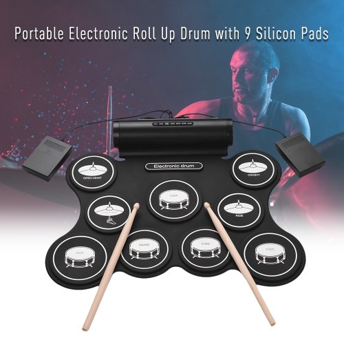 

Portable Stereo Digital Electronic Roll Up Drum Kit 9 Silicon Drum Pads Support MIDI Function Built-in Speakers USB Powered for Beginners Children