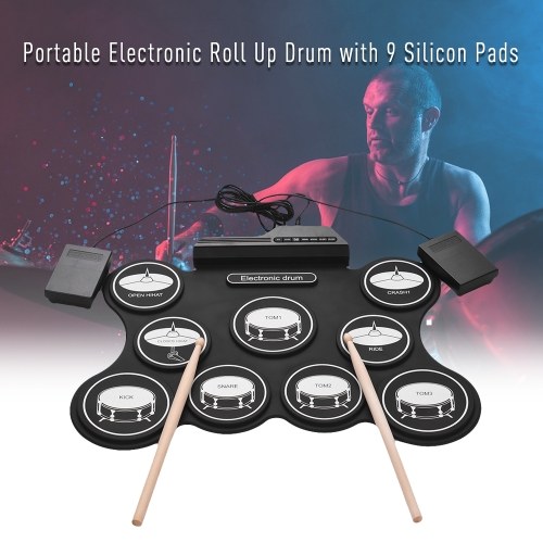 Portable USB Roll Up Drum Kit Digital Electronic Drum Set 9 Silicon Drum Pads with Drumsticks Foot Pedals for Beginners Children