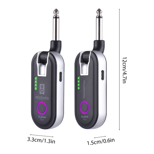 2,4G Kabelloses Gitarrensystem, wiederaufladbar, um 230 Grad drehbarer Stecker, Gitarren-Sender-Empfänger-Set, Echtzeitübertragung für E-Gitarre, Bass, elektrische Blasinstrumente