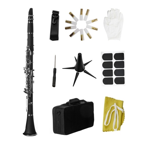 Bb B Clarinete plano Clarionet Baquelita con estuche Cañas Almohadillas de goma Guantes Correa Paño de limpieza