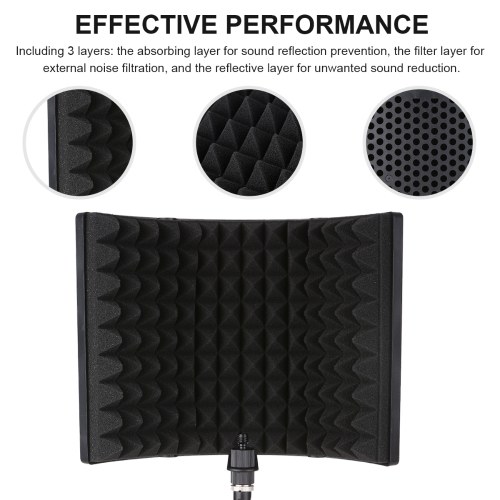 Microphone Isolation Screen with High-Density Absorbing Sponge 3-Panel Foldable Windshield Mini Wind Screen Board Sound Insulation Cover for Recording Studio Sound Absorbing Recording Equipment with Stand 