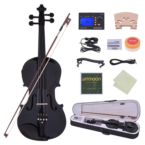 ammoon Full Size 4/4 Acoustic Electric Violin Fiddle Solid Wood Body Ebony Fingerboard Pegs Chin Rest Tailpiece with Bow Hard Case Tuner Shoulder Rest Rosin Extra Strings & Bridge White Color