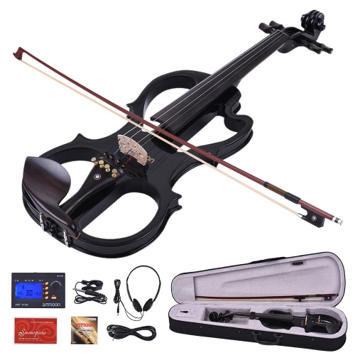 Ammoon VE-201 Volle Größe 4/4 Massivholz Stille elektrische Violine Fiddle Ahorn Körper Ebenholz Griffbrett Stöpsel Kinn Rest Saitenhalter mit Schleife Hard Case Tuner Kopfhörer Rosin Audio Kabel Extra Strings Schwarz