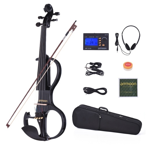 ammoon VE-207 Full Size 4/4 Solid Wood Silent Electric Violin Fiddle Maple Body Ebony Fingerboard Pegs Chin Rest Tailpiece with Bow Hard Case Tuner Headphones Rosin Audio Cable Extra Strings Black