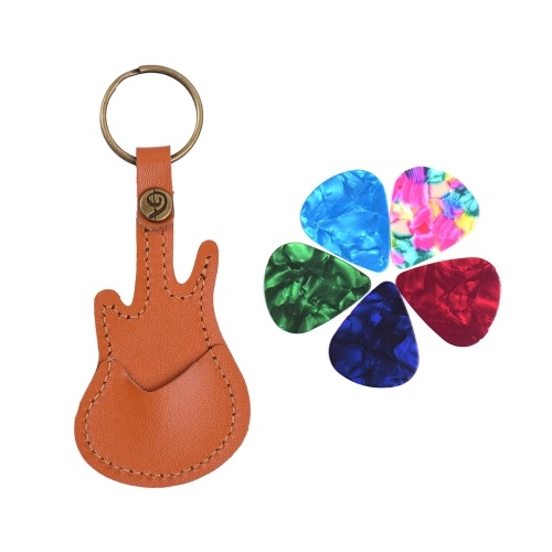 Leather Guitar Picks Holder Case Bag Guitar Shape with Key Ring 5pcs Celluloid Guitar Picks String Instrument Accessories