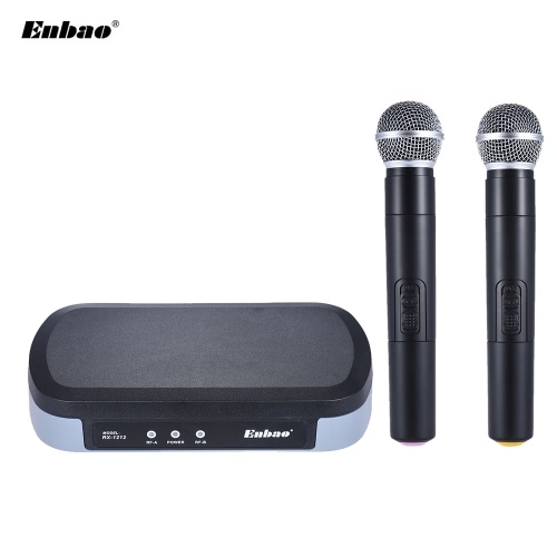 Enbao RX-1212 Profesional UHF inalámbrico de mano de doble sistema de micrófono 2 micrófonos y 1 receptor de micrófono inalámbrico 6,35 mm de audio Adaptador de CA Cable de Dirección Karaoke Rendimiento Presentación pública