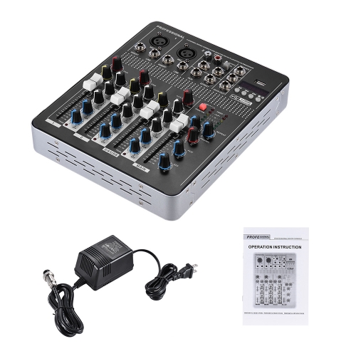 Consola de mezclas para mezclador de audio profesional de 4 canales con línea de micrófono y ecualizador de 3 bandas EQ 48V Interfaz USB