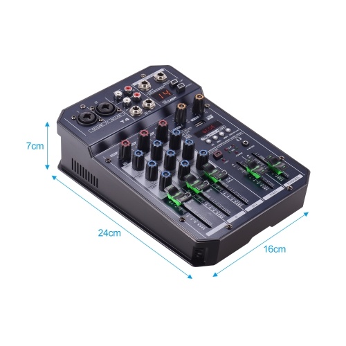 

Muslady T4 Portable 4-Channel Sound Card Mixing Console Audio Mixer Built-in 16 DSP 48V Phantom power Supports BT Connection MP3 Player Recording Function 5V power Supply for DJ Network Live Broadcast Karaoke